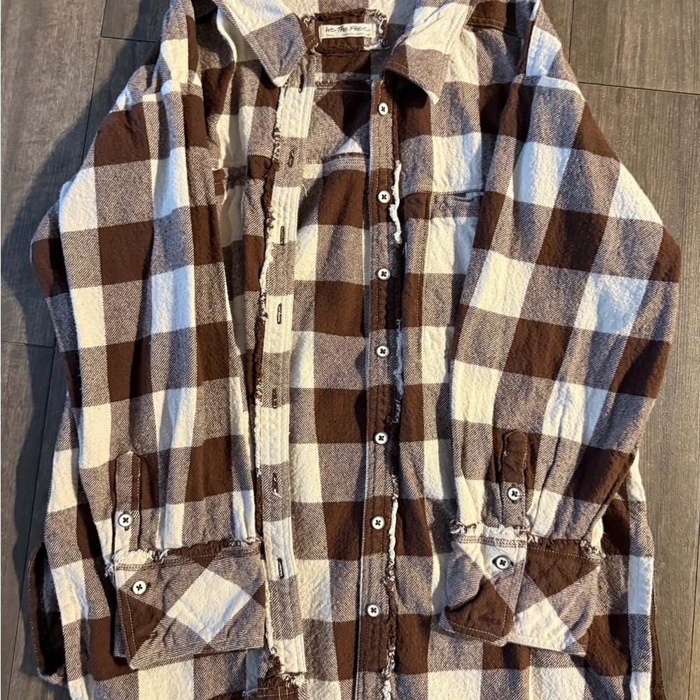 Free People Brown and White Plaid Flannel Shirt